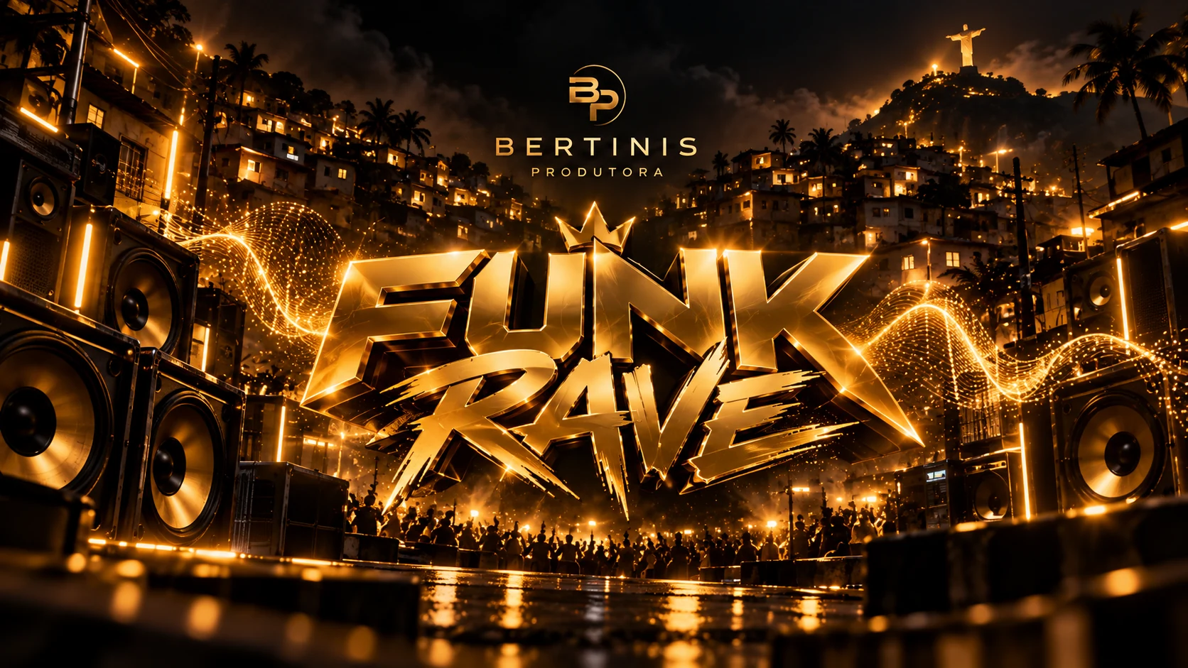 Funk Rave brasileiro da Bertinis Produtora: arte dourada com cenário de favela, baile funk e caixas de som