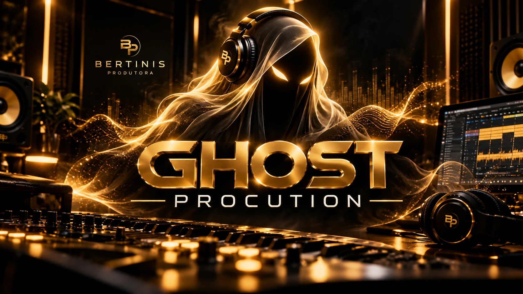 Ghost Production da Bertinis Produtora, arte dourada de produção musical em estúdio